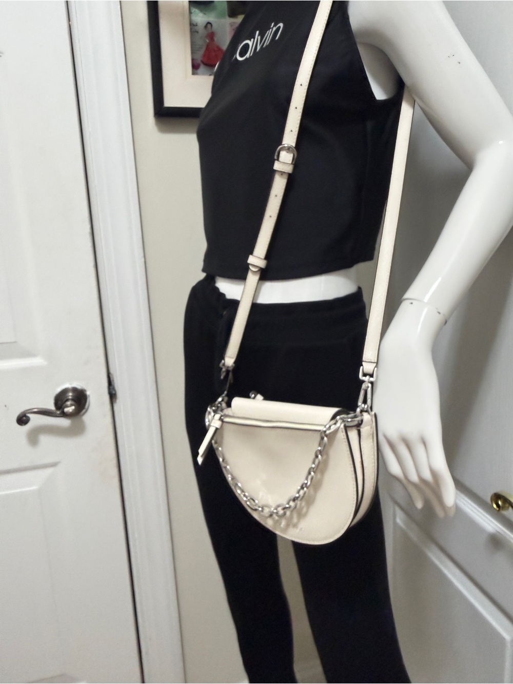 Leather crossbody bag, Calvin Klein half-moon with chain detail brand new